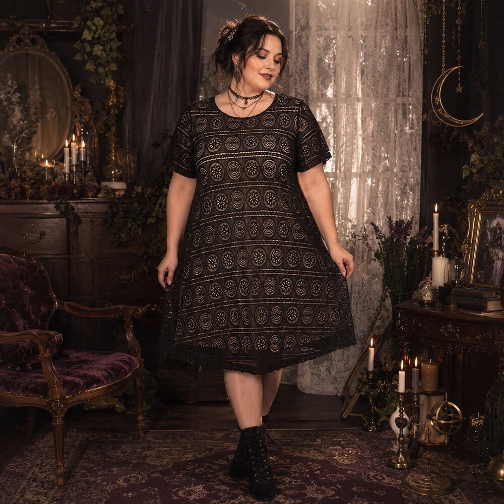 Sharagano Lace Overlay Sheath Dress Sz 18W Whimsigoth Dark Romantic Crochet NWT